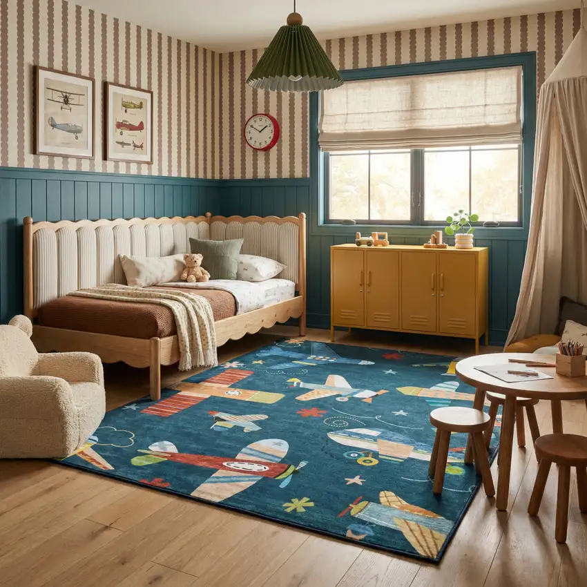 Navy Red and Orange Juvenile Airplanes Youthful Area Rug Photo 7