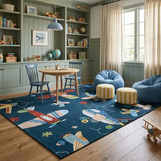 Navy Red and Orange Juvenile Airplanes Youthful Area Rug Photo 6