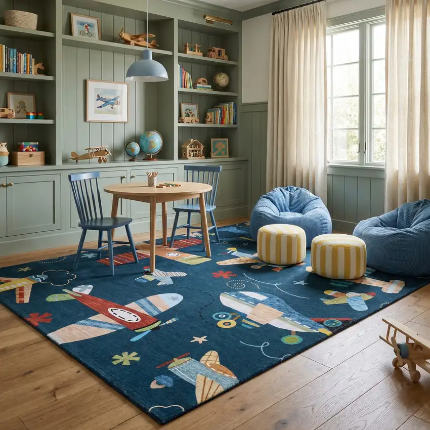 Navy Red and Orange Juvenile Airplanes Youthful Area Rug Photo 6