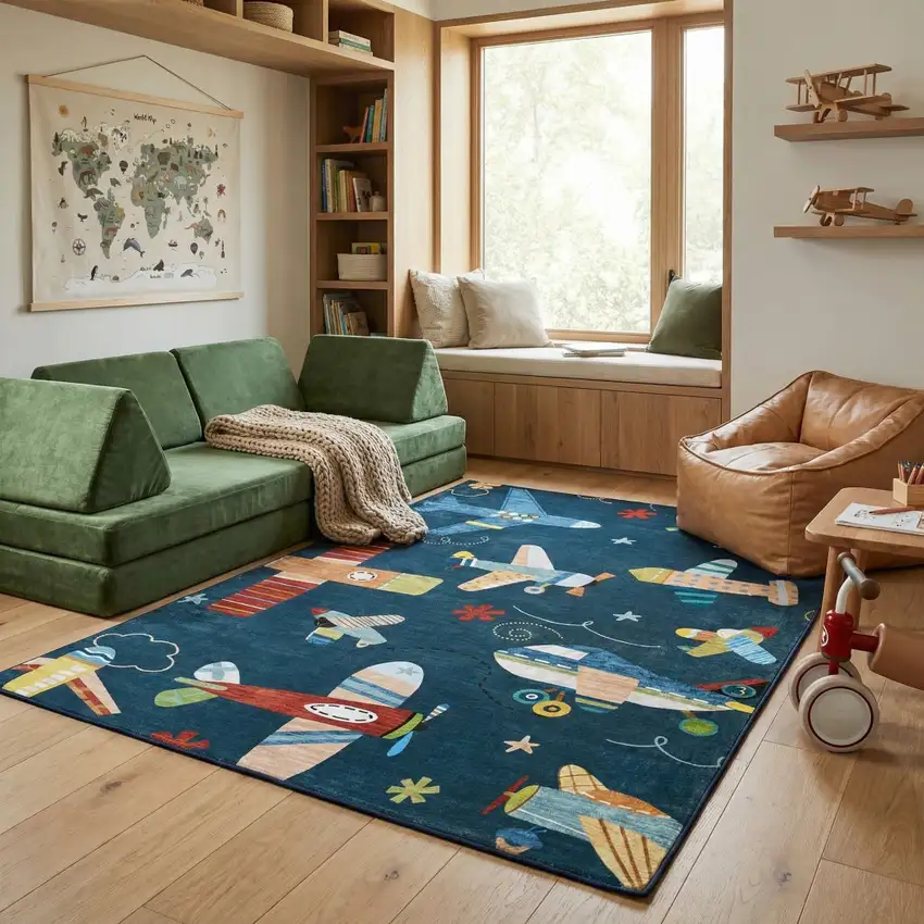 Navy Red and Orange Juvenile Airplanes Youthful Area Rug Photo 8