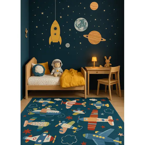 Navy Red and Orange Juvenile Airplanes Youthful Area Rug Photo 5