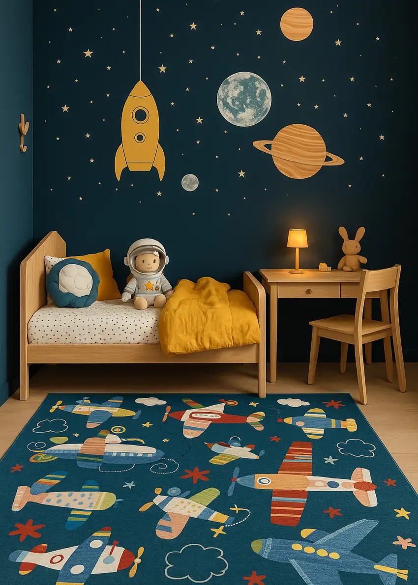 Navy Red and Orange Juvenile Airplanes Youthful Area Rug Photo 5