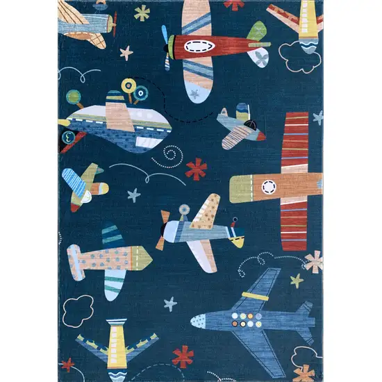 Navy Red and Orange Juvenile Airplanes Youthful Area Rug Photo 1