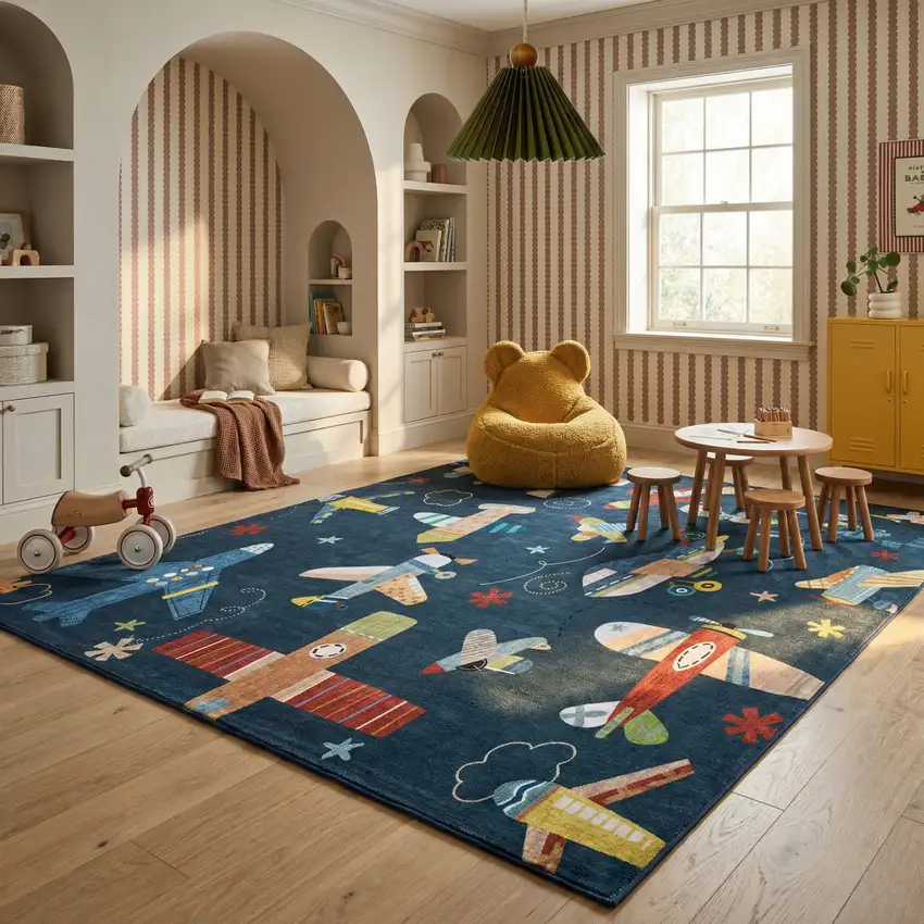 Navy Red and Orange Juvenile Airplanes Youthful Area Rug Photo 9