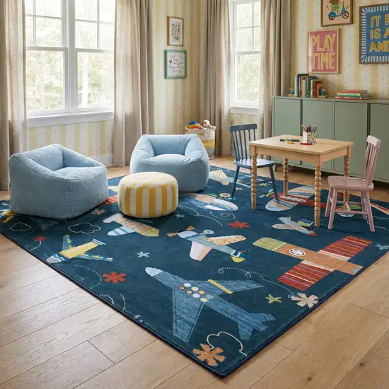 Navy Red and Orange Juvenile Airplanes Youthful Area Rug Photo 5