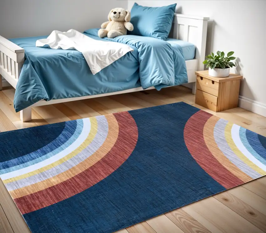 Navy Red and Orange Juvenile Rainbows Youthful Area Rug Photo 1