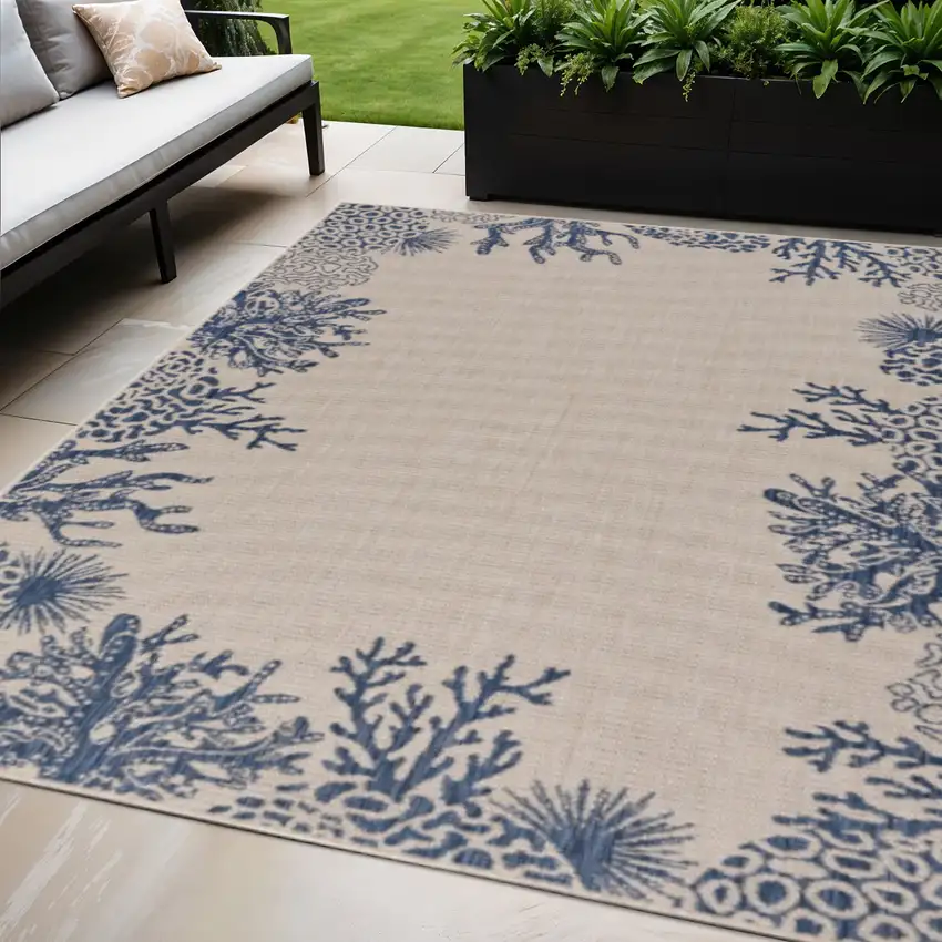 Beige And Blue Coral Indoor Outdoor Area Rug Photo 1