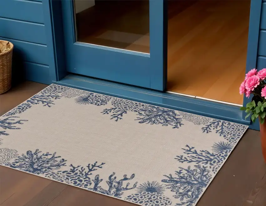 Beige and Blue Coral Stain Resistant Indoor Outdoor Area Rug Photo 1