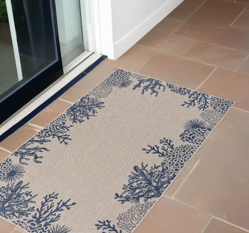 Beige and Blue Coral Stain Resistant Indoor Outdoor Area Rug Photo 1