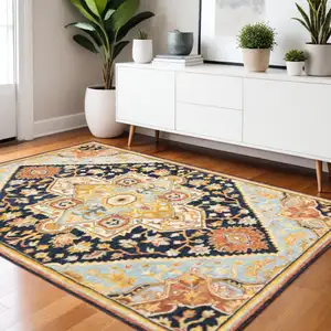 Photo of Navy Rust Blue Ivory And Gold Oriental Tufted Handmade Stain Resistant Area Rug