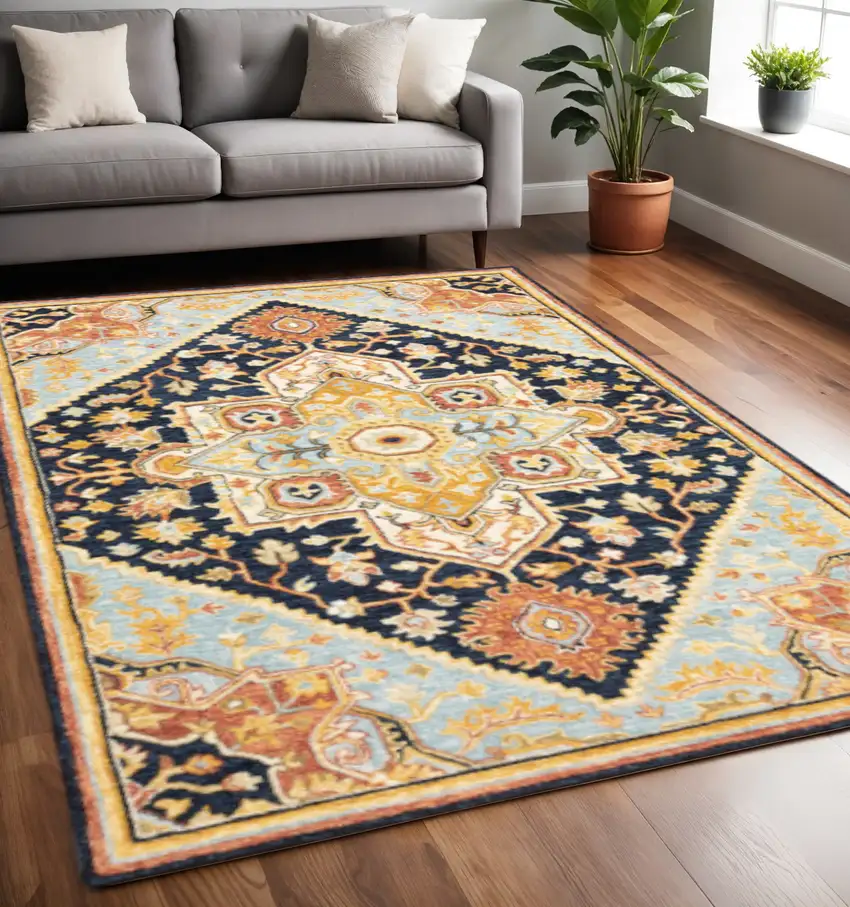 Navy Rust Blue Ivory And Gold Oriental Tufted Handmade Stain Resistant Area Rug Photo 1