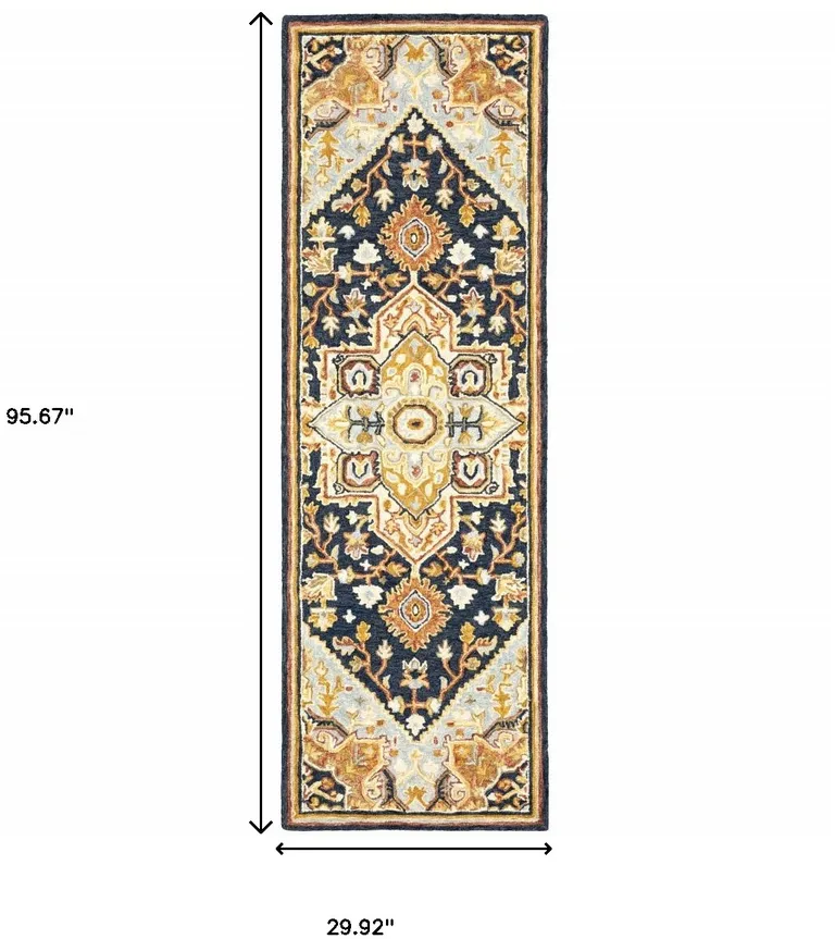 Navy Rust Blue Ivory And Gold Oriental Tufted Handmade Stain Resistant Runner Rug Photo 5