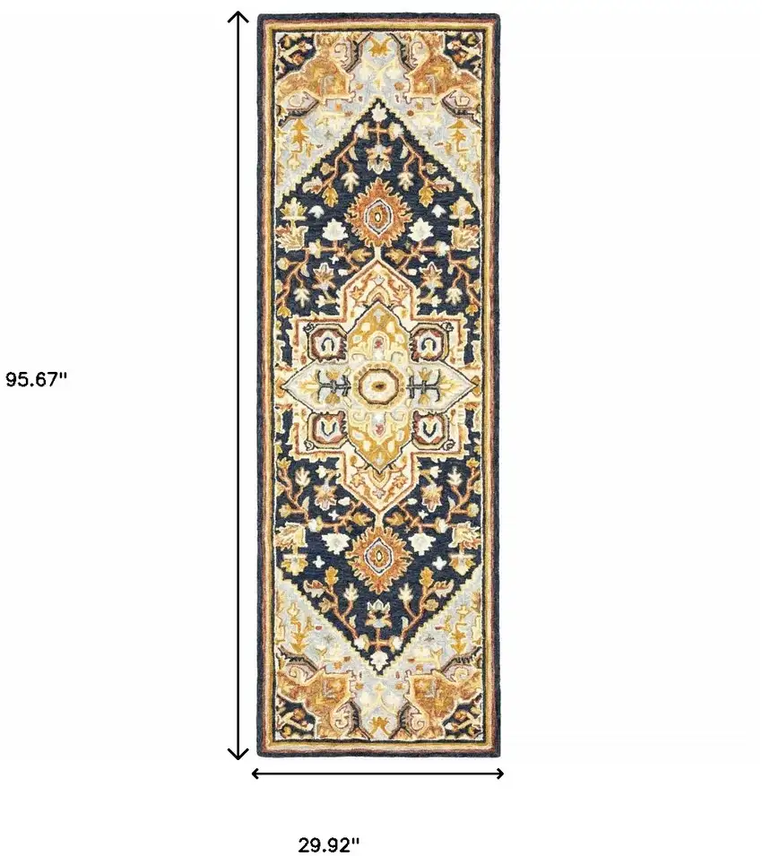 Navy Rust Blue Ivory And Gold Oriental Tufted Handmade Stain Resistant Runner Rug Photo 6