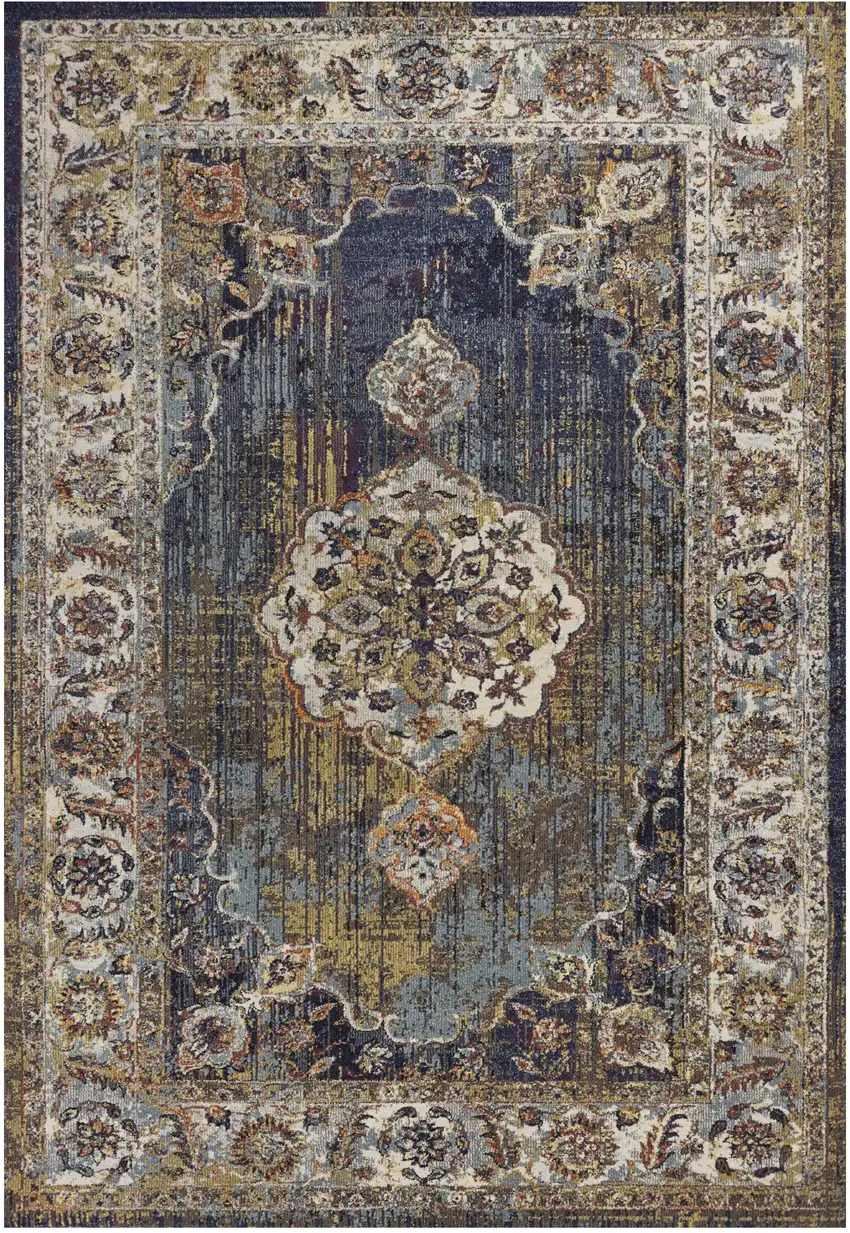 Navy Blue Gold And Ivory Medallion Area Rug Photo 2