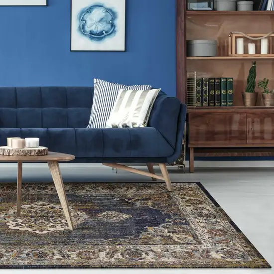 Navy Blue Gold And Ivory Medallion Area Rug Photo 7