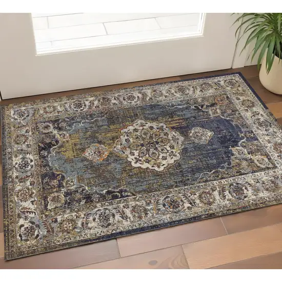 Navy Blue Gold And Ivory Medallion Area Rug Photo 1