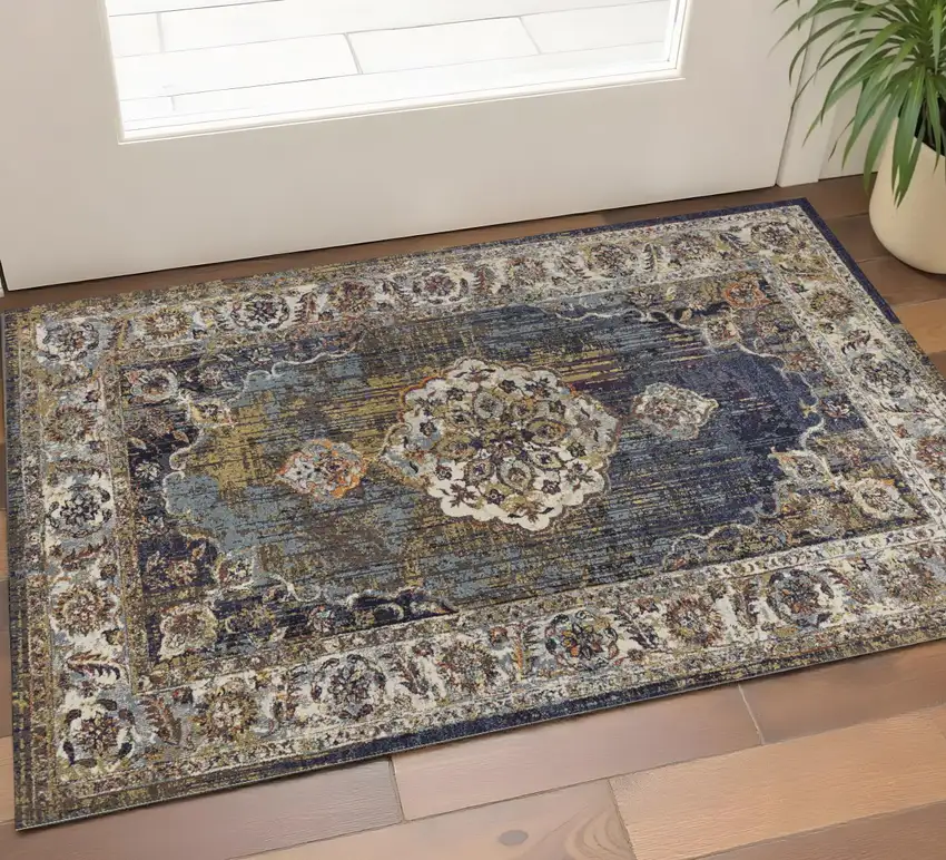 Navy Blue Gold And Ivory Medallion Area Rug Photo 1