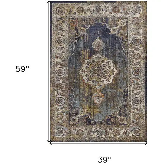 Navy Blue Gold And Ivory Medallion Area Rug Photo 3