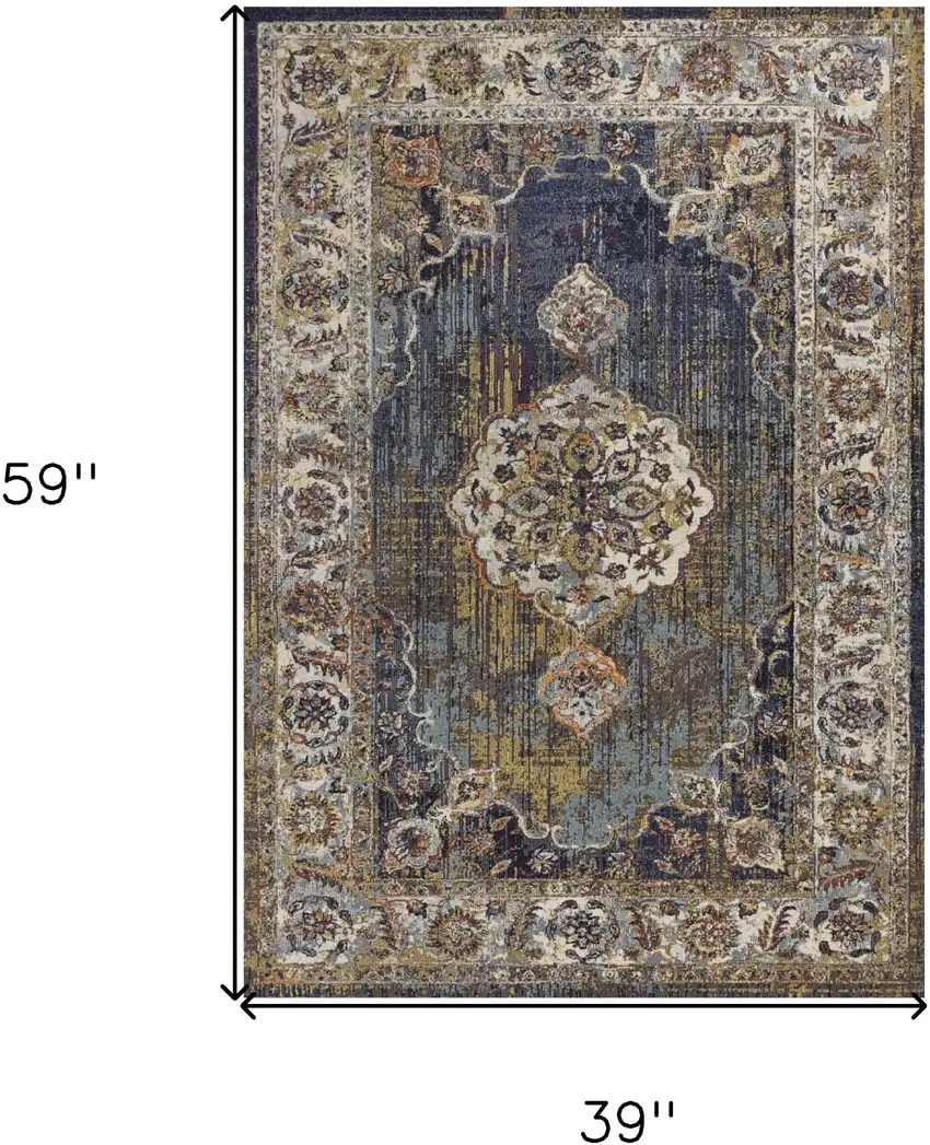 Navy Blue Gold And Ivory Medallion Area Rug Photo 3