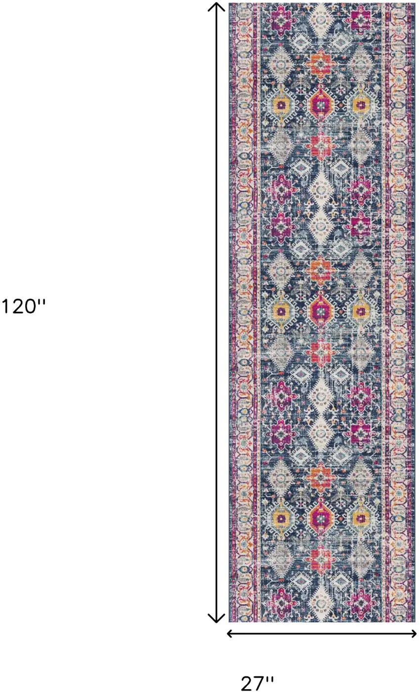 12' Blue And Ivory Oriental Runner Rug Photo 3