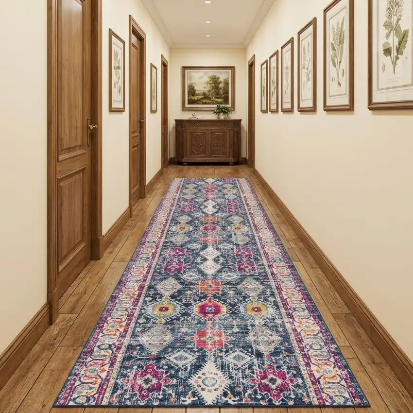 12' Blue And Ivory Oriental Runner Rug Photo 1