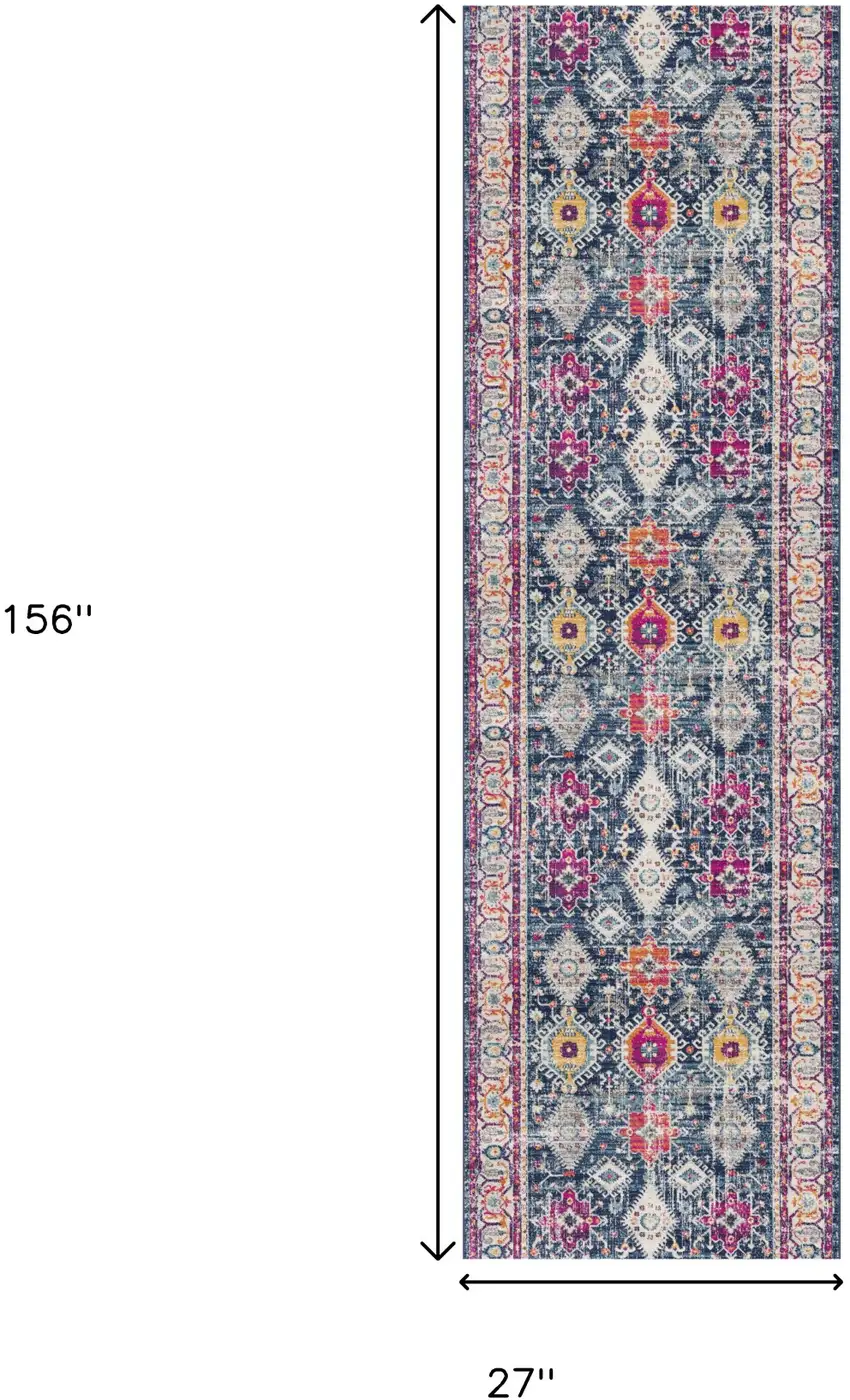 13' Blue And Ivory Oriental Runner Rug Photo 3