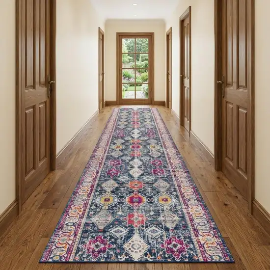 13' Blue And Ivory Oriental Runner Rug Photo 1