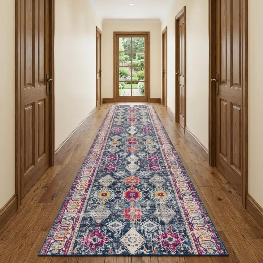 13' Blue And Ivory Oriental Runner Rug Photo 1