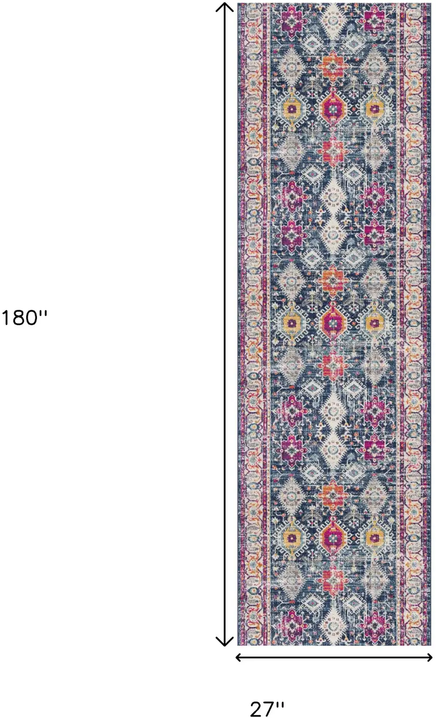 15' Blue And Ivory Oriental Runner Rug Photo 3
