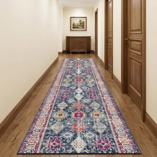 15' Blue And Ivory Oriental Runner Rug Photo 1