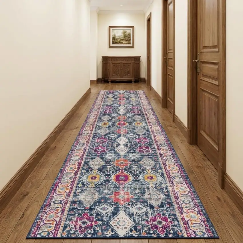 15' Blue And Ivory Oriental Runner Rug Photo 1