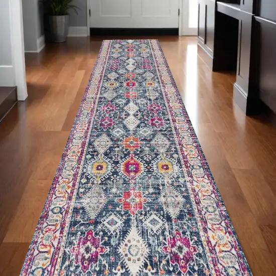 20' Blue And Ivory Oriental Runner Rug Photo 1