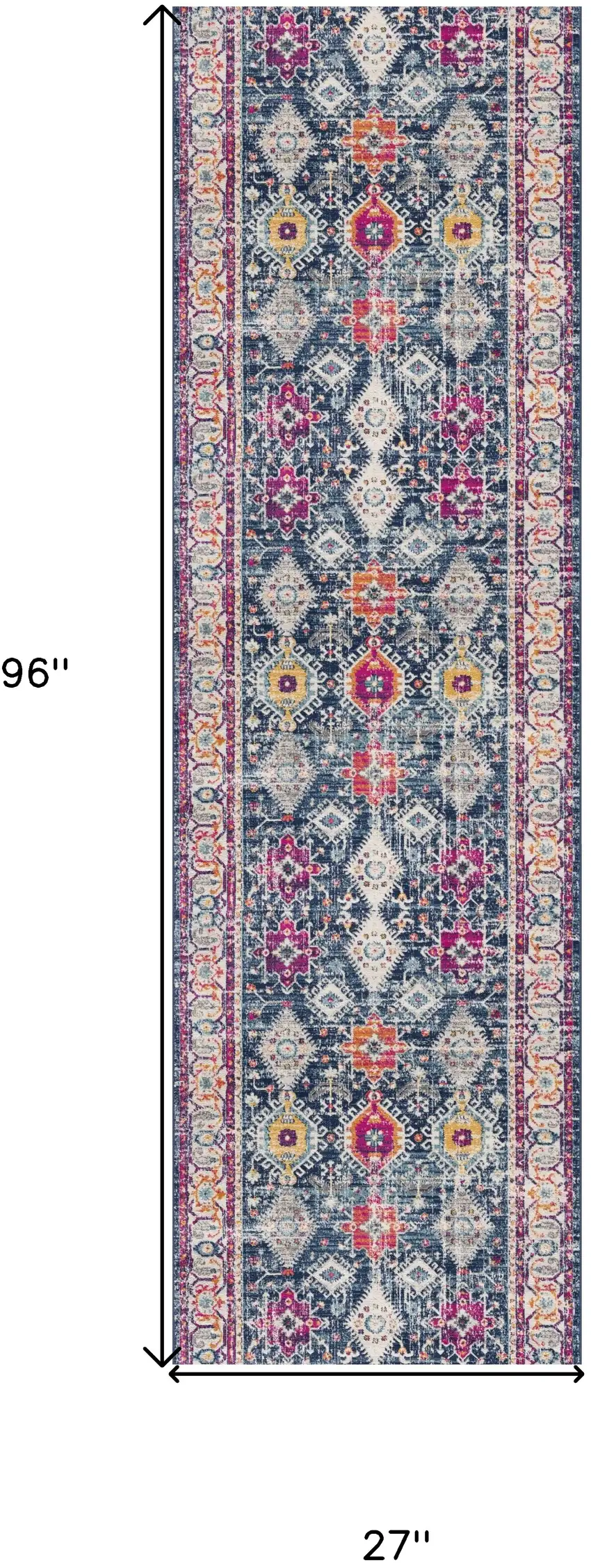 Blue and Ivory Oriental Runner Rug Photo 3