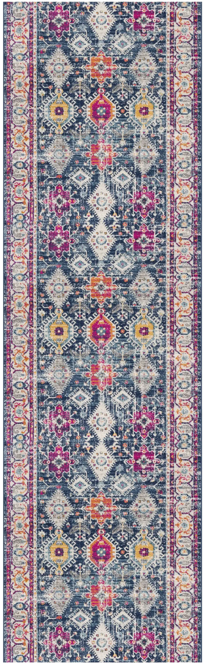 Blue and Ivory Oriental Runner Rug Photo 2