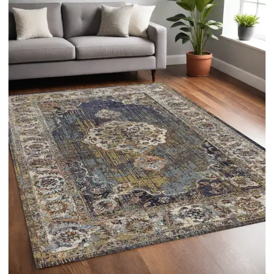 Navy Vintage Medallion Bordered Indoor Area Rug Photo 1