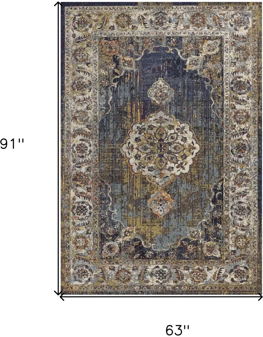 Navy Gold and Ivory Floral Medallion Area Rug Photo 3