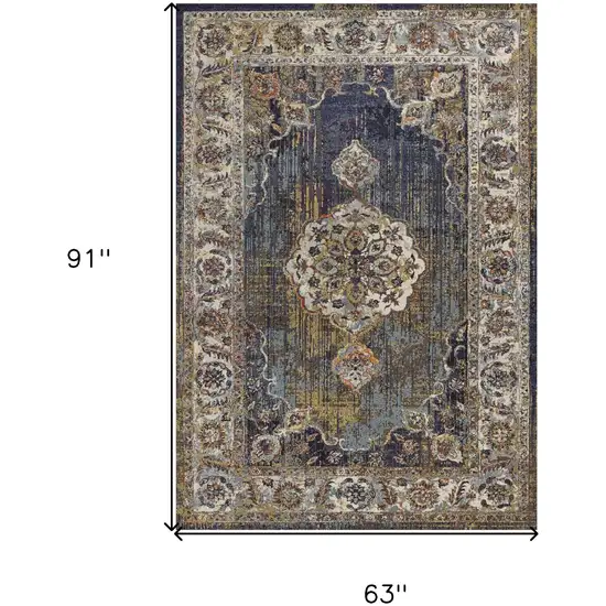 Navy Gold and Ivory Floral Medallion Area Rug Photo 3
