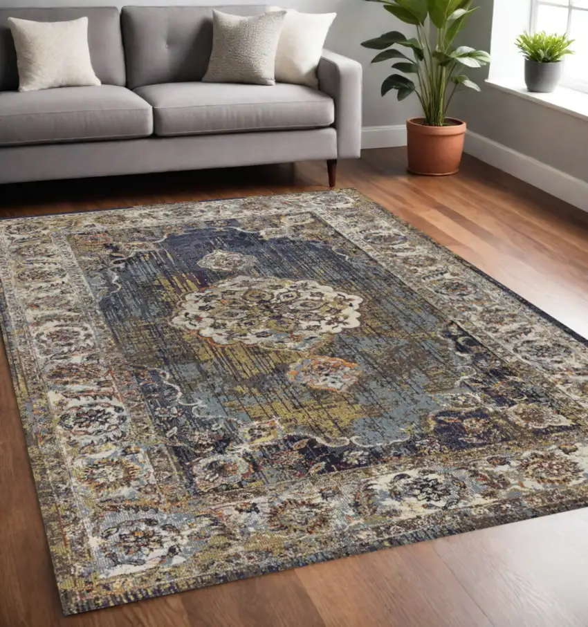 Navy Gold and Ivory Floral Medallion Area Rug Photo 1