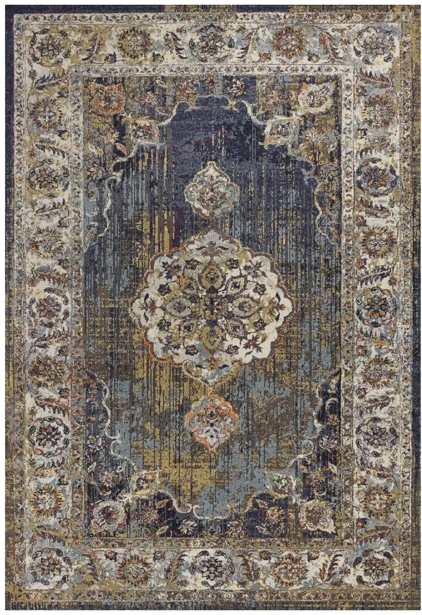Navy Gold and Ivory Floral Medallion Area Rug Photo 2