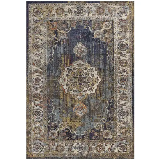 Navy Gold and Ivory Floral Medallion Area Rug Photo 2