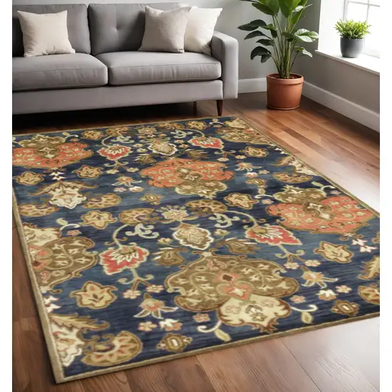 Navy Blue Orange And Brown Wool Medallion Hand Tufted Area Rug Photo 1