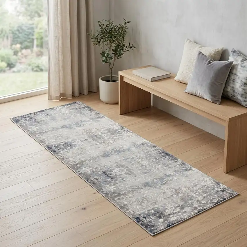 2' X 6' Navy And Beige Distressed Vines Area Rug Photo 1