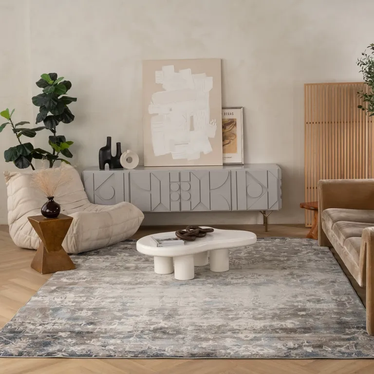 Navy and Beige Distressed Vines Area Rug Photo 5