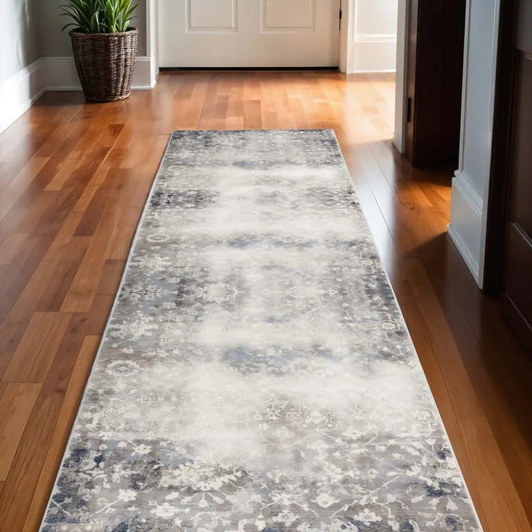 Navy and Beige Distressed Vines Runner Rug Photo 3