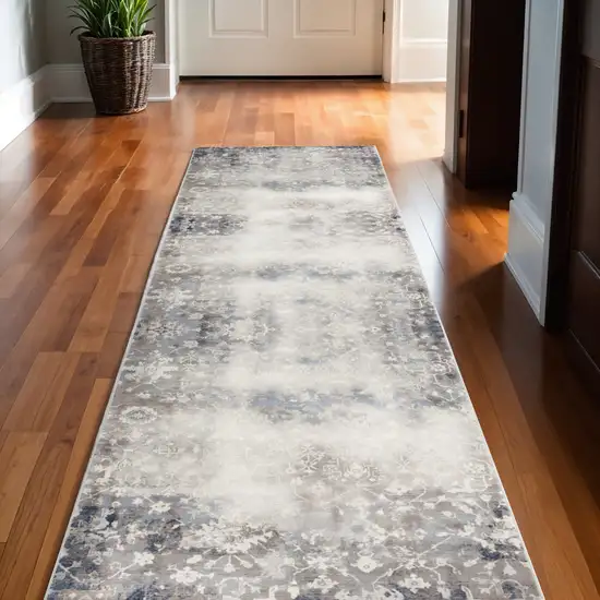 2' X 10' Navy And Beige Distressed Vines Runner Rug Photo 1