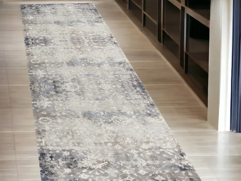 Navy and Beige Distressed Vines Runner Rug Photo 5