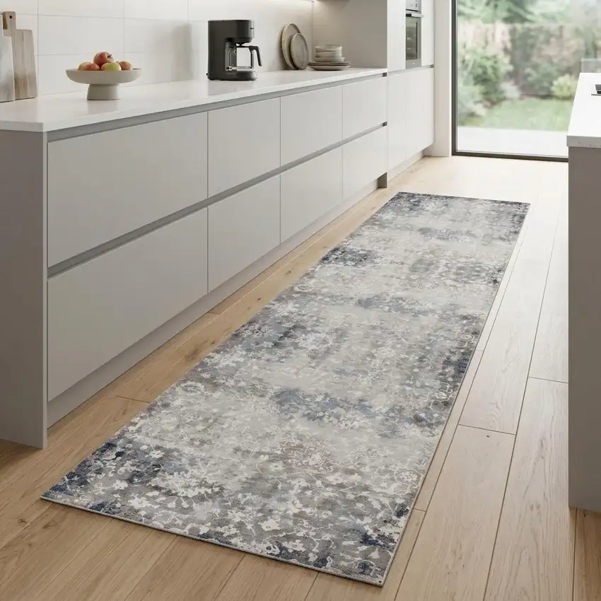 2' X 8' Navy And Beige Distressed Vines Runner Rug Photo 1