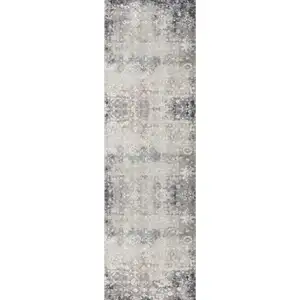 Photo of Navy and Beige Distressed Vines Runner Rug