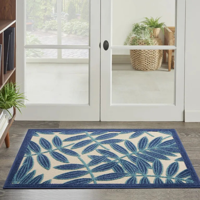Navy and Beige Leaves Indoor Outdoor Area Rug Photo 4