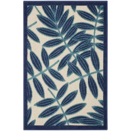 Navy and Beige Leaves Indoor Outdoor Area Rug Photo 1